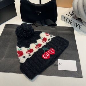 Gucci Black and White Knit Hat with Cherry Design
